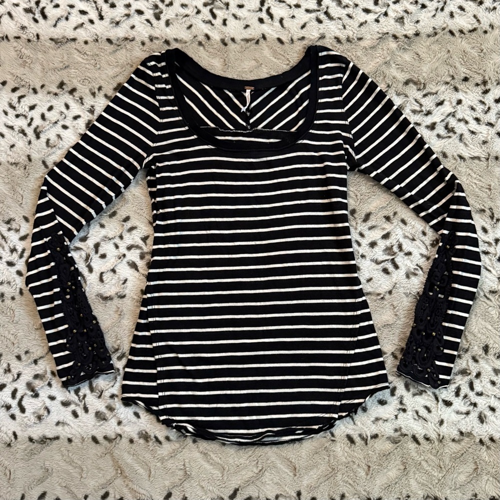 Free People Hard Candy Black + White Striped Long Sleeve w/ Crochet Cuffs - Picture 7 of 8